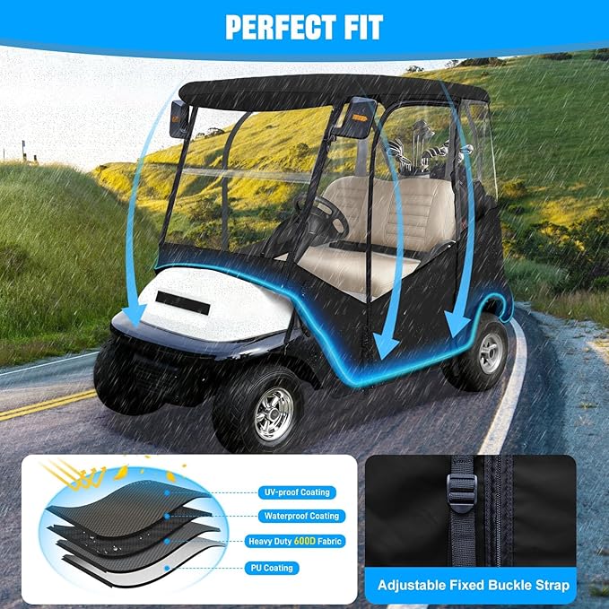 iLSKW Golf Cart Driving Enclosure 2 Passenger Only for Club Car Precedent 2004-Up, Tempo & Onward 2017-Up Cart with Roll Up Door Zipper Design, 4-Side Clear Windows 600D Heavy Duty Rain Cover