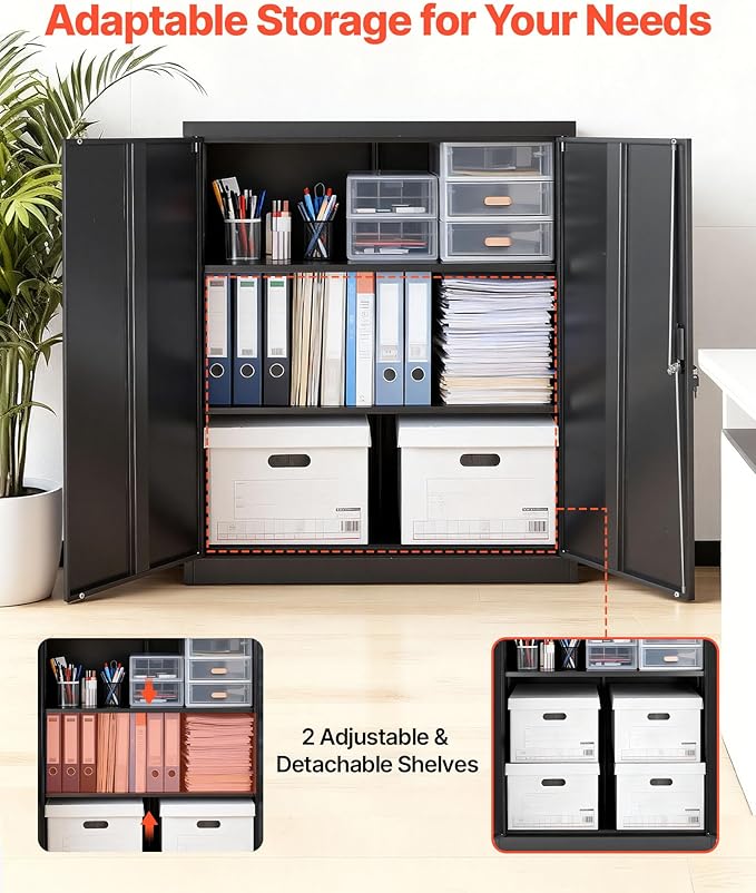 VEVOR Metal Storage Cabinet, 41.7 in Steel Garage Cabinet with 2 Adjustable Shelves, 2 Magnetic Doors & 2 Keys, 3 Tiers Lockable Tool Storage for Pantry, Warehouse, Basement, Office, Black