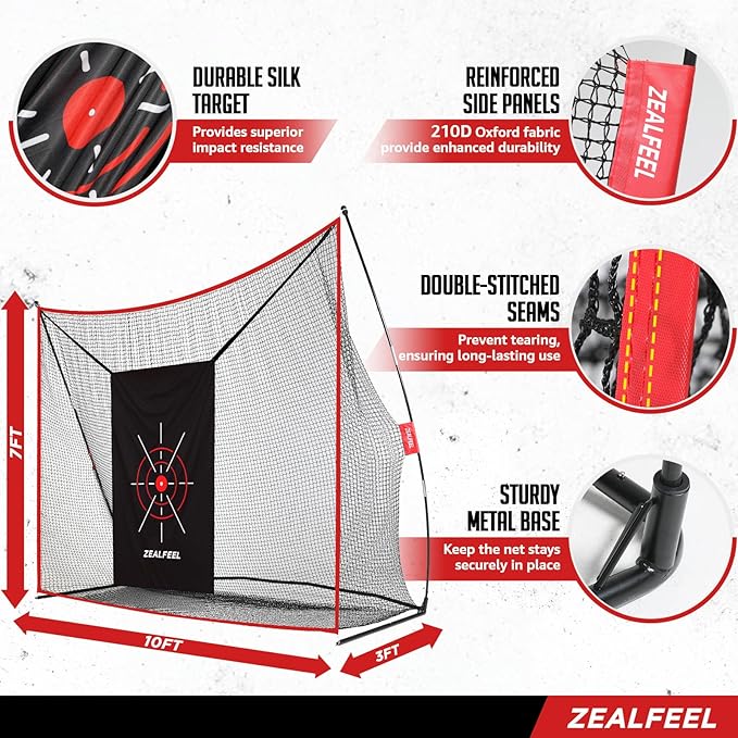 Golf Net, 10x7ft Practice Net with Chipping Net, Foldable Mat, Silk Target, 8 Tees, 6 Balls, Carry Bag, Golf Hiting Nets for Backyard Driving Chipping Indoor Outdoor Use