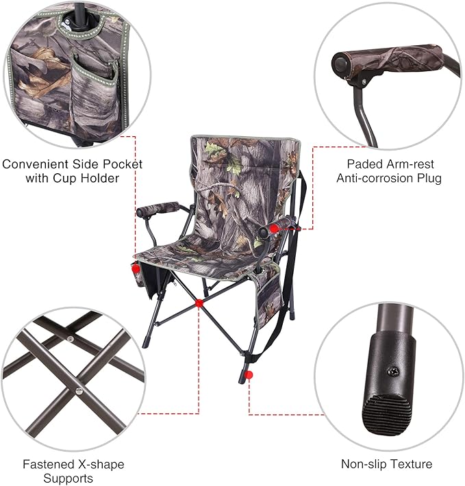 REDCAMP Oversized Hunting Chairs for Blinds, Portable Folding Camo Camping Chairs for Adults Hunting Seats with Hard Arms for Outside Outdoor, Camouflage