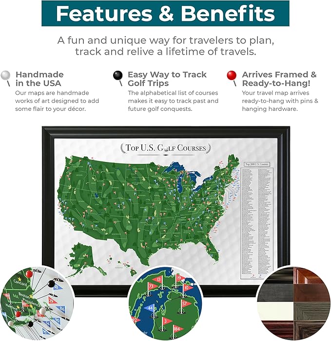 Push Pin Travel Maps Customizable Wall Art - Top Golf Courses USA Map - Black Frame - Framed Pin Map, Includes 150 Pins - Handcrafted in USA - 27.5" x 39.5"