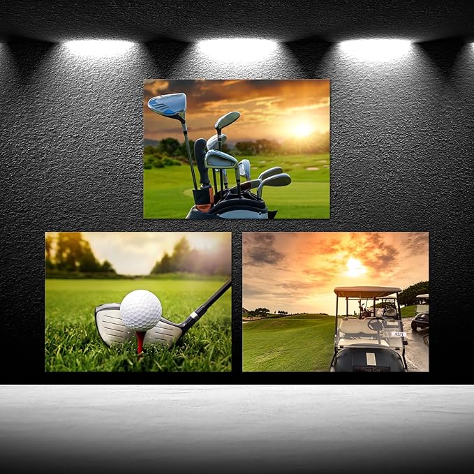 iKNOW FOTO 3 Piece Sports Canvas Wall Art Golf Course Scenery Sunset Framed Print Artwork for Home Decor Ready to Hang Each 12"x16"