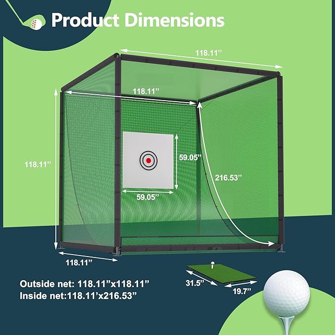 10X10X10FT Golf Practice Net Cage Metal Frame Hitting Net Kit for Backyard，Golf Sports Barrier Nets Batting Cage Training Simulators for Home
