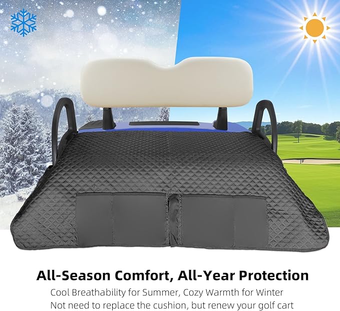 Roykaw Golf Cart Seat Cover, Golf Cart Seat Blanket w/Double Layer Universal Compatible with EZGO TXT RXV/Club Car DS Precedent 2 Seat Golf Carts, w/ 4 Storage Pockets, Easy to Use & Clean, Black