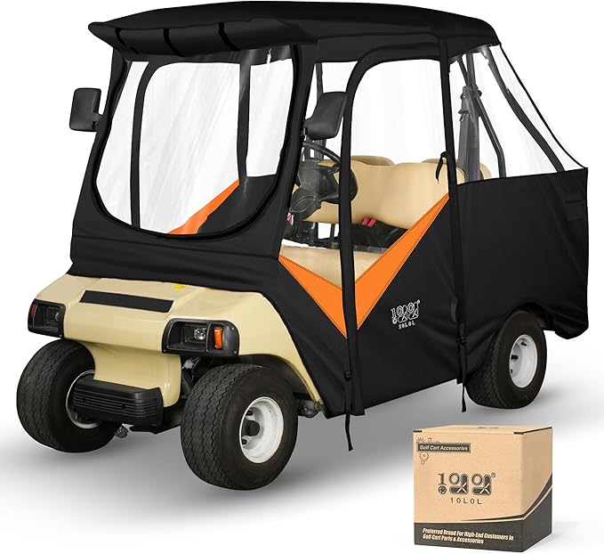 10L0L Golf Cart Driving Enclosure for Club Car DS, 2/4 Passenger Short Roof Waterproof Windproof Heavy Duty 600D Rain Cover with 4-Sided Clear Windows & Durable Door Zipper All-Weather Protection