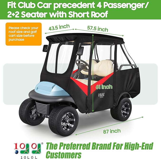 10L0L Golf Cart 4 Passenger Enclosure for Club Car Precedent Short Roof 57.5" Deluxe 600D Golf Cart Heavy Duty Rain Cover with 4 Zipped Doors Clear PVC Windows (Latest Improved Version)