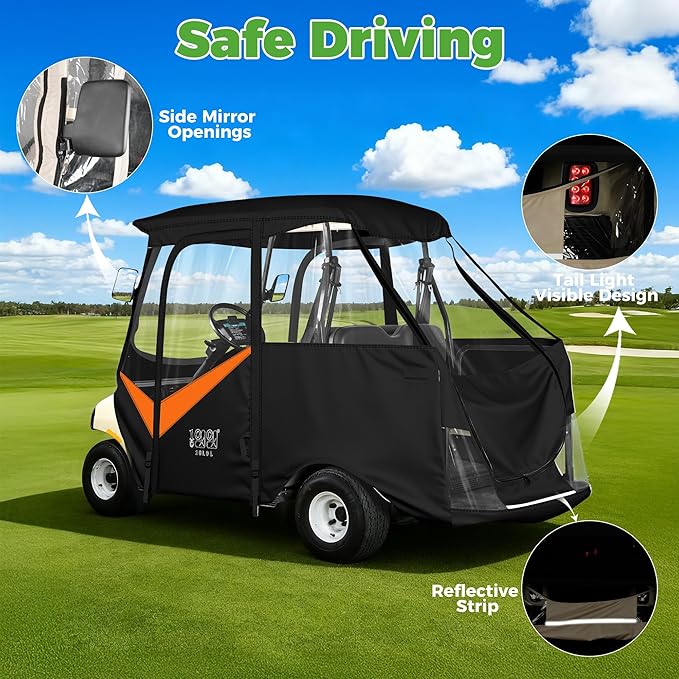 10L0L 4 Passenger Golf Cart Enclosure for Club Car DS Short Roof, 600D Waterproof Golf Cart Rain Cover, Heavy Duty Driving Enclosure, Snowproof Windproof, with Clear PVC Windows & Tail Light Panel