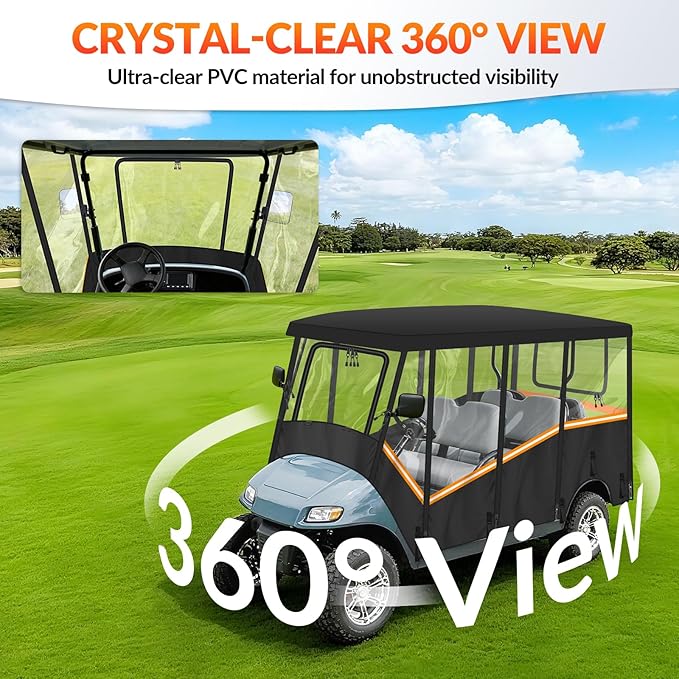 Golf Cart Enclosure for 6 Passenger, 600D Waterproof Golf Cart Rain Cover with Clear PVC Windshields, Compatible with Club Car & EZGO, Fits Extended Roof, Roll-Up Doors & Windproof Straps
