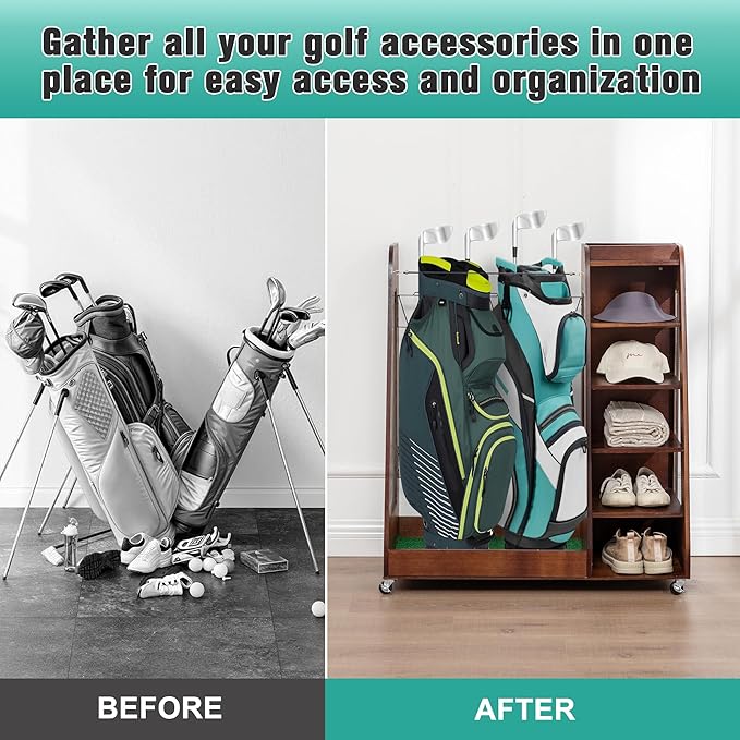 Wooden Golf Bag Organizer for Garage with Drawers, 2 Golf Bag Holder with Club Holders On Side for Car Garage Club Shed Basement, Gray