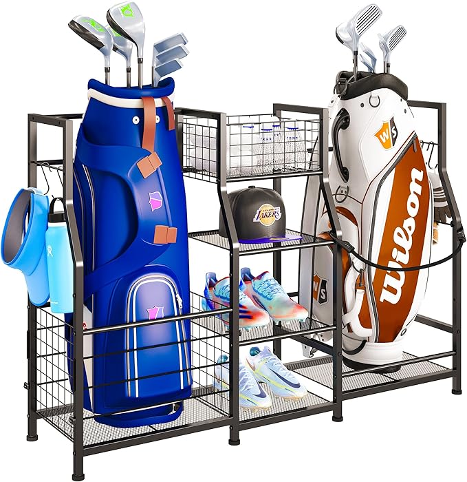 Sonyabecca Golf Bag Stand Golf Storage Organizer for Garage with Basket and Hooks, Storage Rack for 2 Golf Bag, Golf Gift for Men Sports Equipment Organizer, Two Assembly Methods