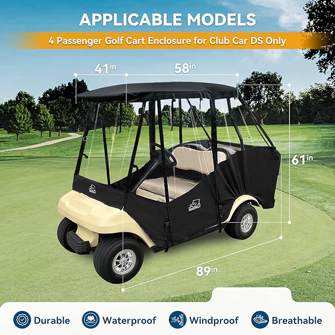 Golf Cart Enclosure Rain Cover 2&4Passenger, EZGO TXT RXV/Club Car Ds&Precedent and Yamaha, 600D Rain Cover Waterproof Windproof Snowproof and All-Weather Protection