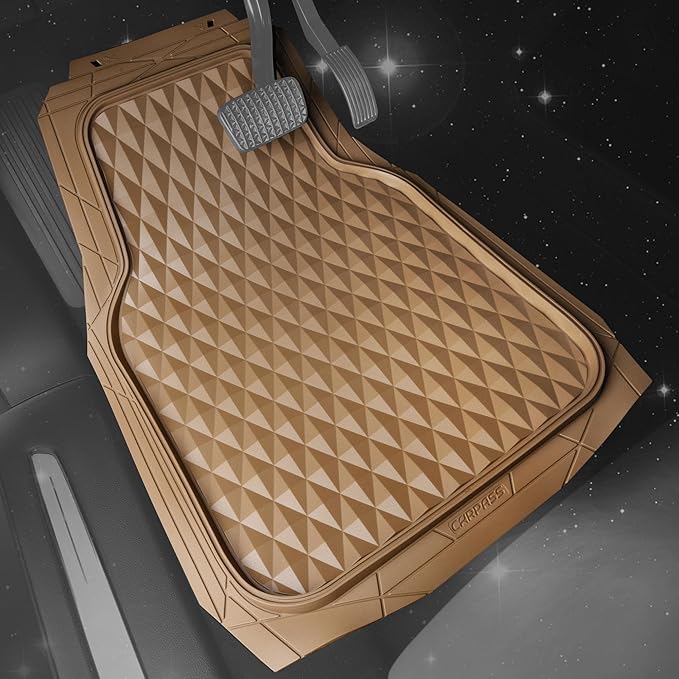 CAR PASS Heavy Duty Rubber Car Mats, Deep Dish All-Weather Floor Mat for Car Full Set Durable Anti-Slip 3D Rhombus Waterproof Trim to Fit Liner Universal Fit Automotive,Sedan,SUV,Truck, 3 Piece Beige