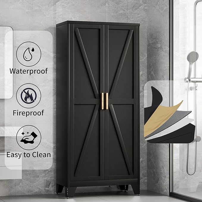 71H Tall Metal Storage Cabinet with 2 Doors and Adjustable Shelves,Farmhouse Storage Cabinet with Barn Doors,Pantry Storage for Home,Office,Bathroom,Dining Room,Kitchen(Black)