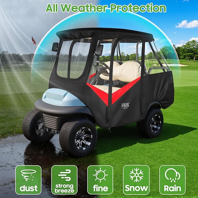 10L0L 4 Passenger Golf Cart Driving Enclosure for Club Car Precedent with Short Roof Up to 57", 4-Sided Clear Window 600D Rain Cover All Weather Windproof Waterproof - Black with Red
