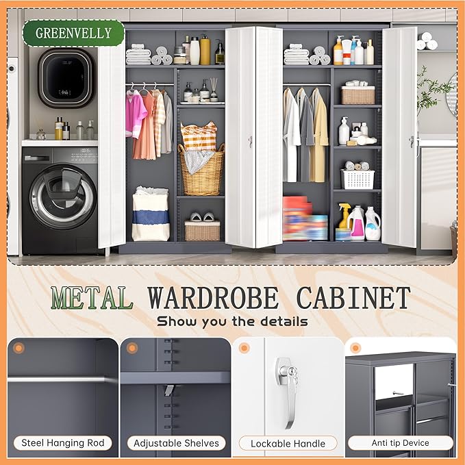 Greenvelly Metal Wardrobe Cabinet with Lock Door, 72" Metal Wardrobe Closet Cabinet with Hanging Rods and Adjustable Shelves, Steel Storage Locker Closet for Home, Office, Employee, Gym (White Grey)