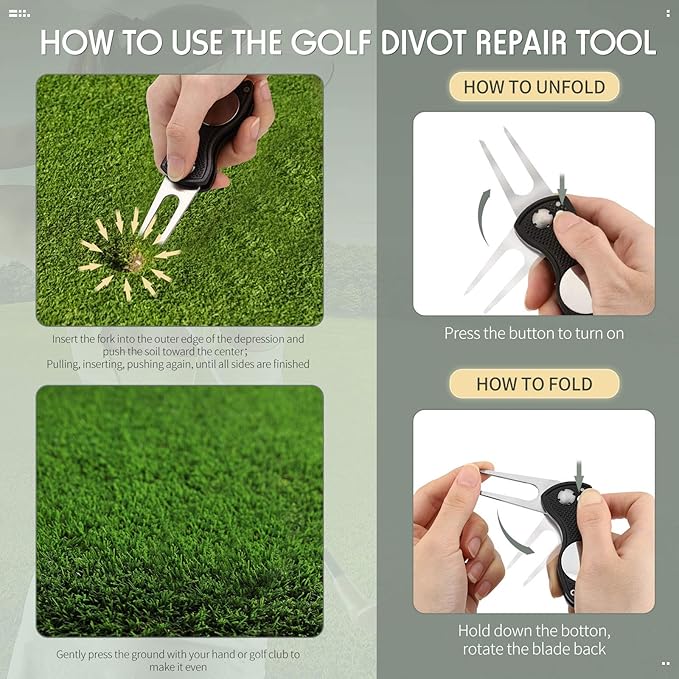 Skylety 4 Pcs Golf Divot Repair Tool Metal Foldable Golf Divot Tool with Magnetic Pop-up Button Ball Marker Stainless Steel Switchblade for Golfers Prizes