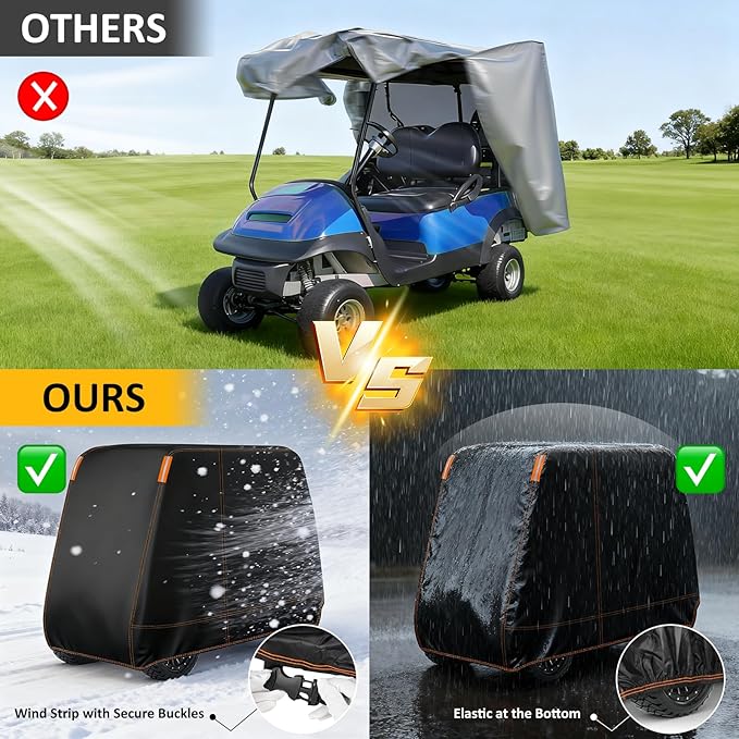 Falafa Golf Cart Cover 2 Passenger, Heavy Duty 420D Waterproof All Weather Protection, Universal Fit for EZGO Club Car Yamaha with Storage Bag & Reflective Strips