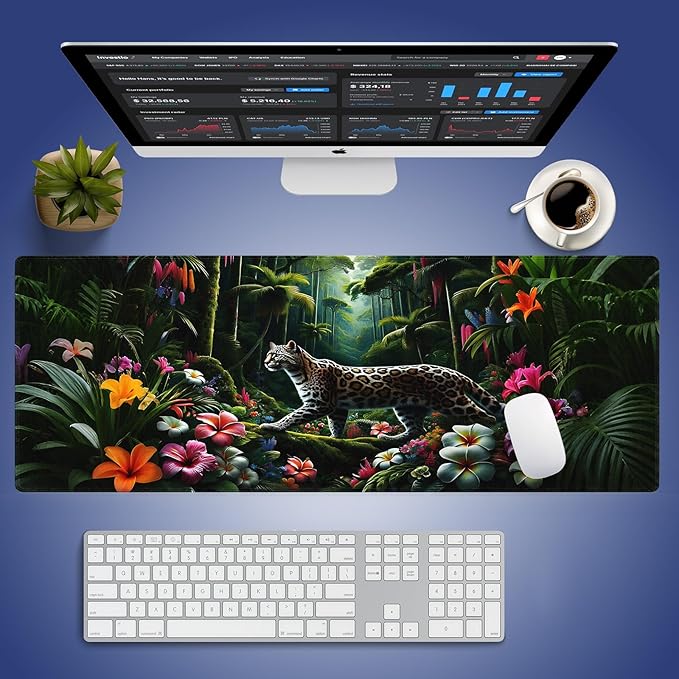 Wknoon. Extra Large Gaming Mouse Pad (31.5" x 11.8") with Durable Stitched Edges – Wild Leopard in a Lush Jungle Colorful Floral Rainforest Exotic Design, Anti-Slip Rubber Base Extended XXL Desk Mat