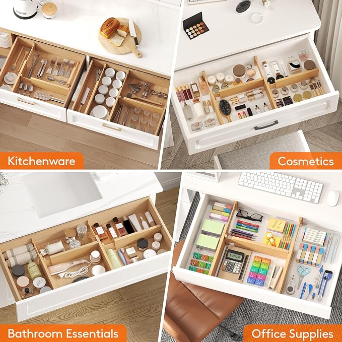 Lifewit 8 Pack 4" High Bamboo Drawer Dividers, 12-16" Adjustable Drawer Organizers for Clothes, Wood Dresser Drawer Divider, Expandable Deep Drawer Separators for Dresser, Kitchen, Bedroom, Bathroom