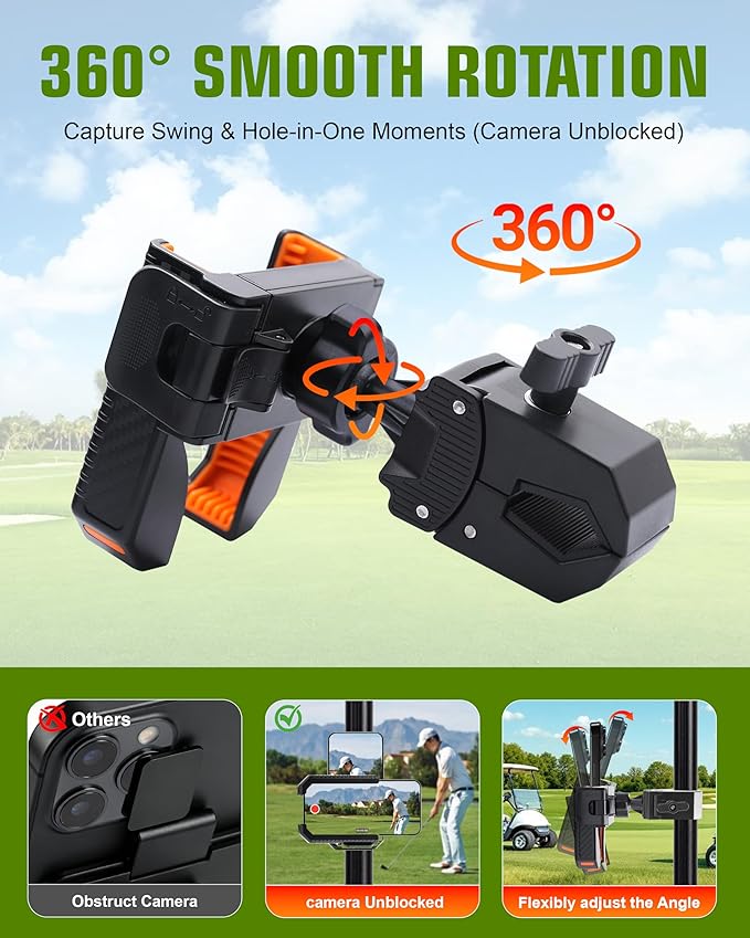 XEEP Golf Cart Phone Holder Mount, 3s Phone Clip Install, 1s Lock & Release, 360° Rotation Golf Phone Holder for Ezgo Club Car Yamaha, Golf Cart Accessories for All 4.5-7" Smartphones
