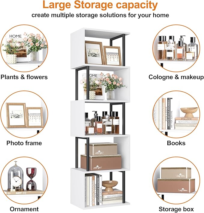 Yusong Bookshelf 5-Tier, Geometric Bookcase S Shaped Book Shelves for Bedroom, Modern Wood Decorative Display Shelf Book Case for Home Office, White and Black