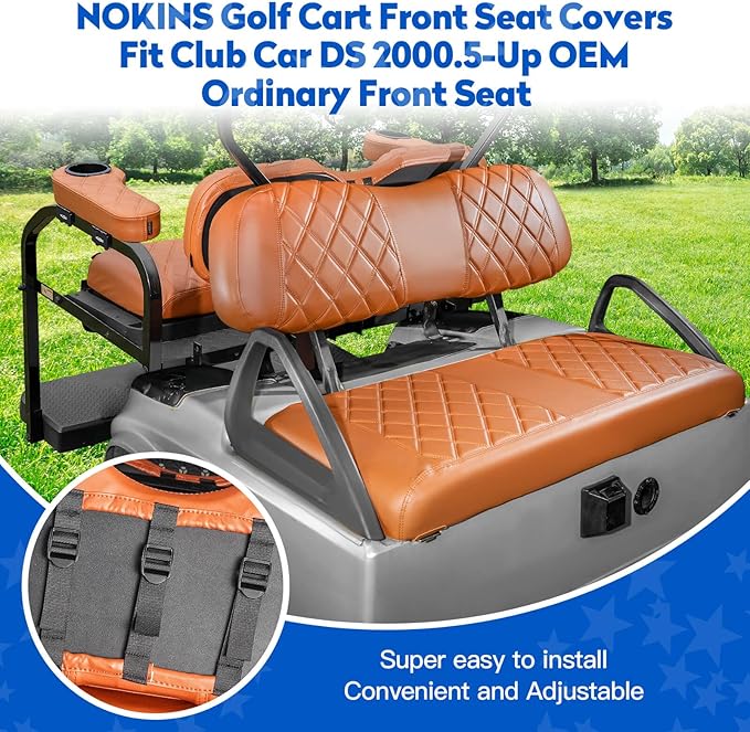 NOKINS Golf Cart Seat Covers for Club Car DS 2000.5-Up, Vinyl Front&Rear Seat Cover with Flip-Up Armrests kit, with Cup Holder, for 1" Square Tube (All Brown)