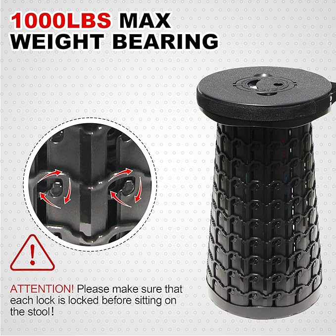 ALEVMOOM Upgraded 19.7" Collapsible Stool Telescoping Stool Foldable for Adults, 1000lbs Max Weight, Heavy Duty Portable Chair for Outdoor Travel&Camping (Black)