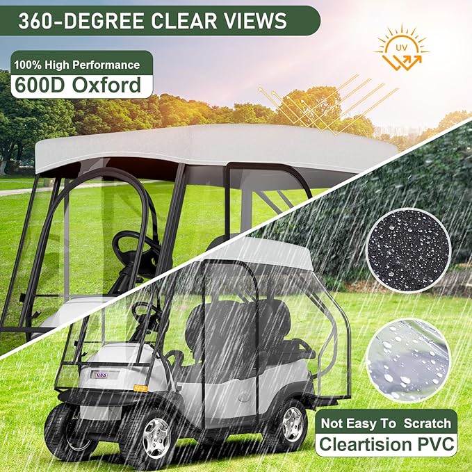 Rosefray Golf Cart Enclosure - 2+2 Drivable Rain Cover for Short Roof 58" EZGO, Club Car - Durable Door Zipper, 4-Sided Clear Windows (4 Seater)
