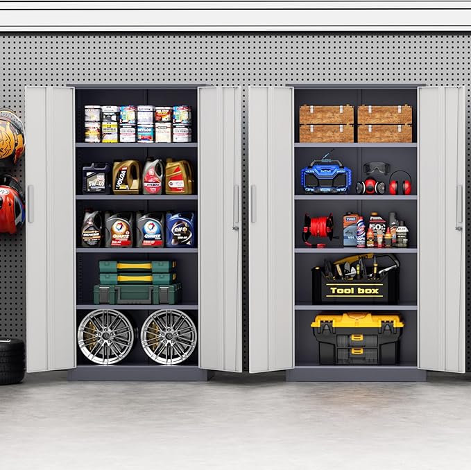 Incbruce 72” Metal Storage Cabinet, Garage Cabinets and Storage System with Doors and Shelves, Tall Lockable Tool Cabinet for Garage, Office, Home (Grey White)