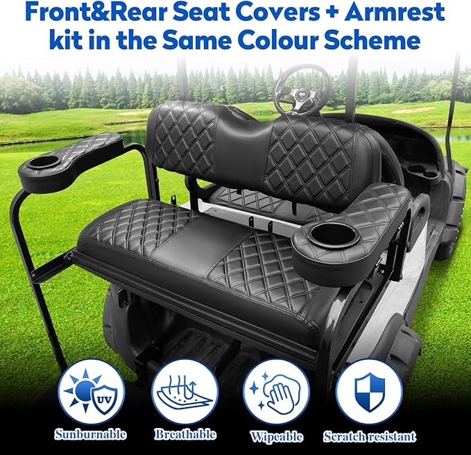 NOKINS Golf Cart Seat Covers for Club Car Precedent, Vinyl Front&Rear Seat Cover with Flip-Up Armrests kit, with Cup Holder, for 1" Square Tube (Black&Black Stitching)