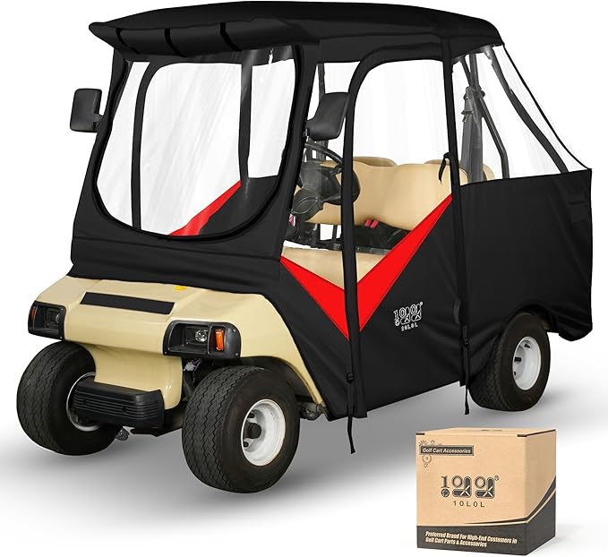 10L0L Golf Cart Driving Enclosure for Club Car DS 2/4 Passenger Short Roof Waterproof Windproof Heavy Duty 600D Rain Cover with 4-Sided Clear Windows & Durable Door Zipper, All-Weather Protection