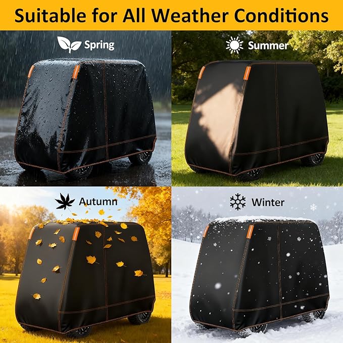 Falafa Golf Cart Cover 4 Passenger, Heavy Duty 420D Waterproof All Weather Protection, Universal Fit for EZGO Club Car Yamaha with Storage Bag & Reflective Strips