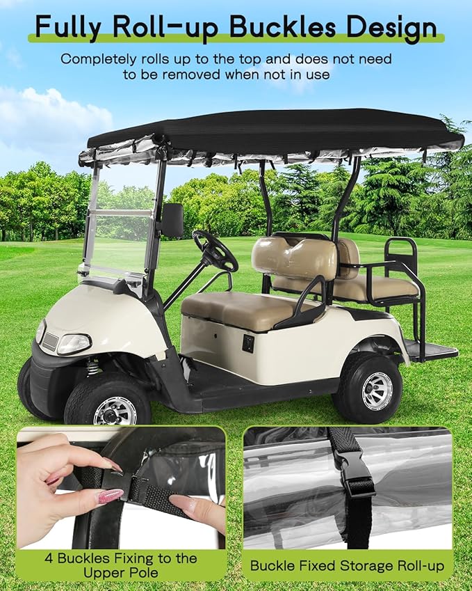 Golf Cart Enclosure 4 Passenger for EZGO RXV 2+2 600D Waterproof Windproof Driving Rain Cover Fit 4-Seater 80" Extended Roof 4-Sided Clear Windows Roll-up Door Black