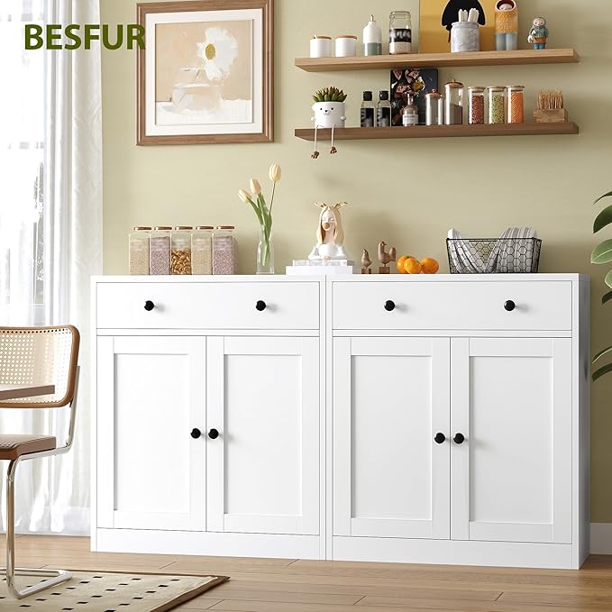 BESFUR Buffet Metal Cabinet with Storage 32”,White Sideboard Farmhouse Storage Cabinet with Adjustable Shelves, 2 Drawer and 4 Doors for Entryway Living Room, Bathroom, Kitchen,Home Office,Apartment