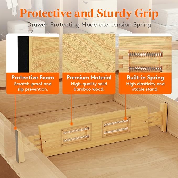 Lifewit 8 Pack 4" High Bamboo Drawer Dividers, 17-21.5" Adjustable Drawer Organizers for Clothes, Wood Dresser Drawer Divider, Expandable Deep Drawer Separators for Dresser, Kitchen, Bedroom, Bathroom
