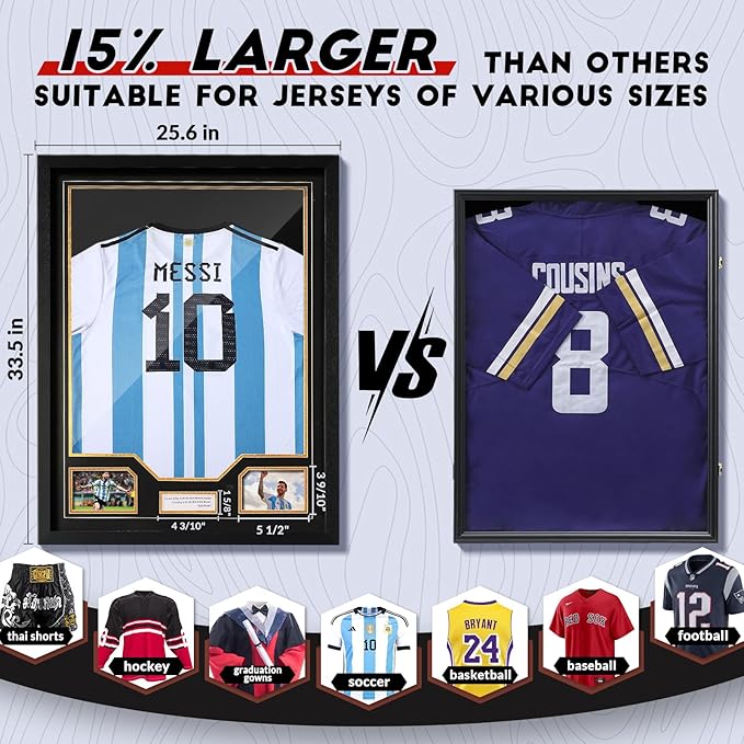 JupDec Jersey Frame Display Case 2 Pack, Large Clear Acrylic Shadow Box with UV Protection for Basketball Baseball Football Soccer Hockey Shirt, Wall Mount Wooden Showcase, Idea Gift for Sports Fans