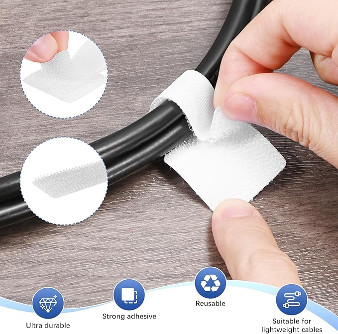 100-Pack Hook and Loop Cable Ties, 3.5 x 1.1 Inch Adjustable Self-Adhesive Cord Organizer for Desk/Home/Wall/Office Essentials, Cable Management Under Desk [White]