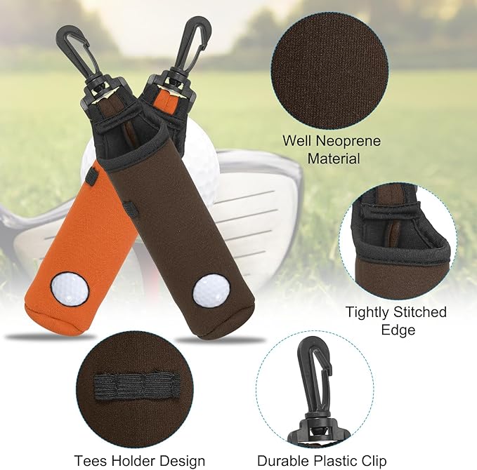 PATIKIL Golf Ball Carry Bag, 2 Pcs Golf Tee Holder Pouch Portable Neoprene Golf Ball Holder with Clip for Men and Women Storage Gifts, Brown