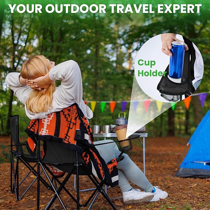 2 Pack Lightweight Portable Camping Chairs Folding Lawn Chair Outdoor Beach Chair with Cup Holder & Carry Bag for Outside Sports, Fishing, Hiking, Travel, Picnic, Backyard（Black）