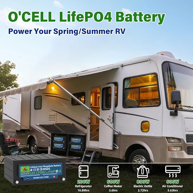 12V 170Ah LiFePO4 Battery with 200A BMS | 2560W Max Load Power | 44lbs Lightweight | 15,000 Cycles | for RV/Marine/Solar – 2X Capacity vs 100Ah Lead Acid (12V 170Ah)