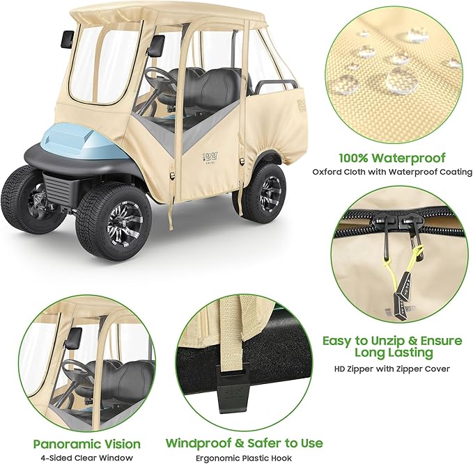 10L0L 4 Passenger Golf Cart Driving Enclosure for Club Car Precedent with Short Roof Up to 57", 4-Sided Clear Window 600D Rain Cover All Weather Windproof Waterproof - Beige with Grey