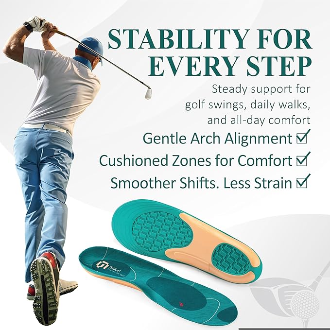 Golf Shoe Insoles for Men - GED Sports Insoles for Arch Support and Athletics - Lightweight, Elastic, Trim to Fit, Increase Stability, Balance, Precision Swings, Reduced Foot Fatigue (US 9-13.5)