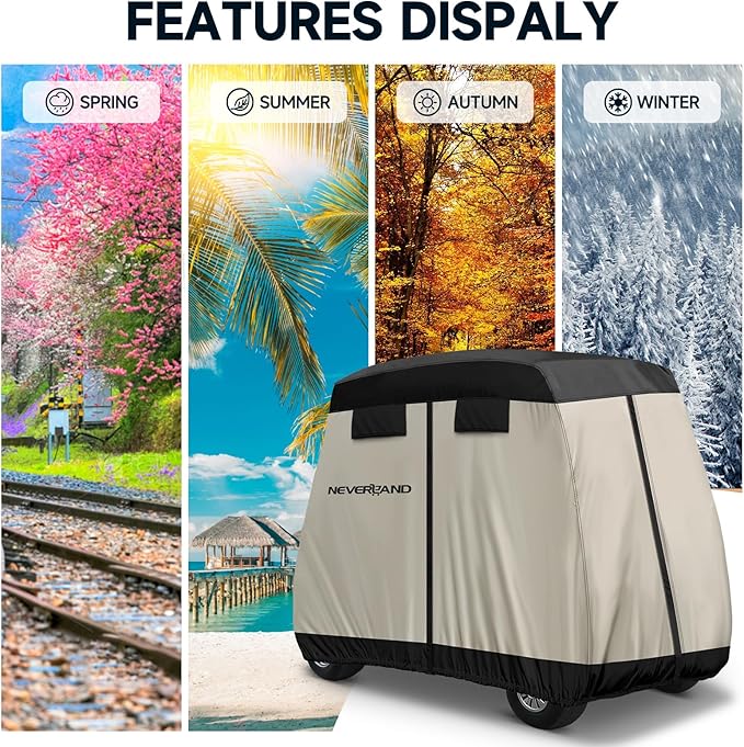 NEVERLAND Golf Cart Cover 2 Passenger - Outdoor Waterprood Golf Cart Covers, 420D Club Car Golf Cart Covers With Air Vent&Zipper Compatible with EZGO Yamaha Club Car 2 Seat (Up to 95 Inch)Black+Brown