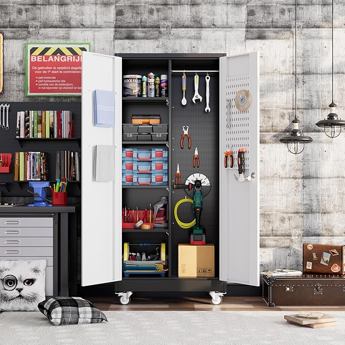 SUXXAN Broom Closet Storage Cabinet, Metal Cabinets with 13 Hooks and Hanging Rods, 71" Metal Storage Cabinet, Heavy Duty Cleaning Cabinet for Garage, Laundry Room