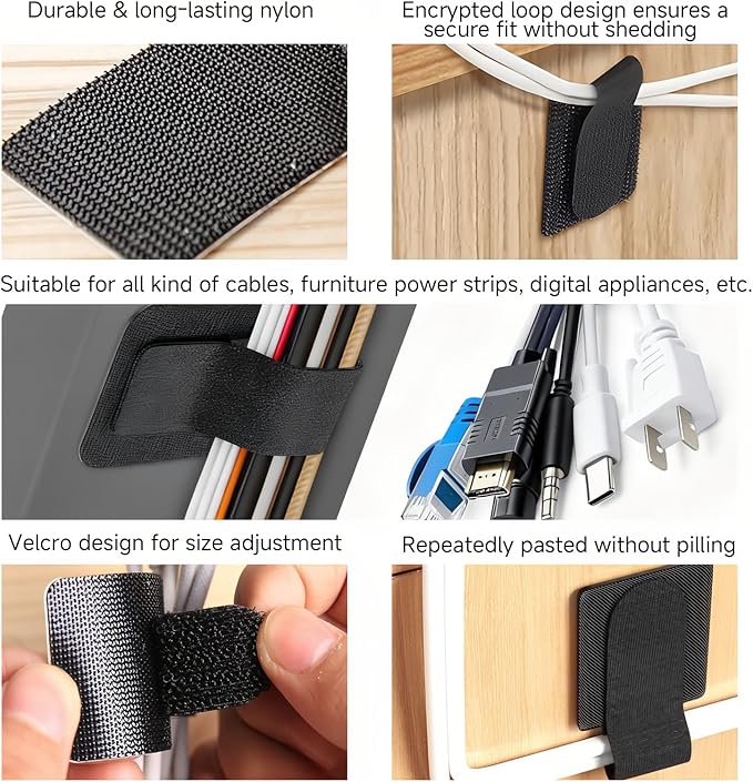 60 Pcs Adjustable Hook and Loop Cable Ties,Self-Adhesive Wire Holder,Under Desk Cord Hider for Office Accessories,Cord Organizer for Home/Office(Black)