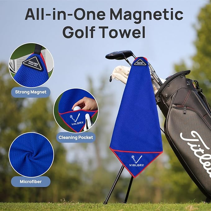 Magnetic Golf Towel for Bag 18" x 18" with Clip Exclusive Cleaning Pocket Microfiber Waffle Ultra Absorbent Club Ball Cleaner Essential Golf Accessories and Gifts for Men Women(Blue 1 Pack)