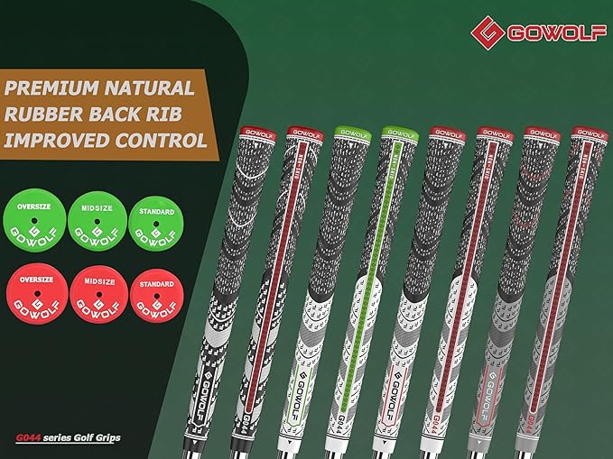 Gowolf Premium Cross Corded Natrual Rubber Golf Grips 13 Pack, Back Rib Improved Control Multi-compound Hybrid Golf Club Grips with 15pc Tapes or Full Kits