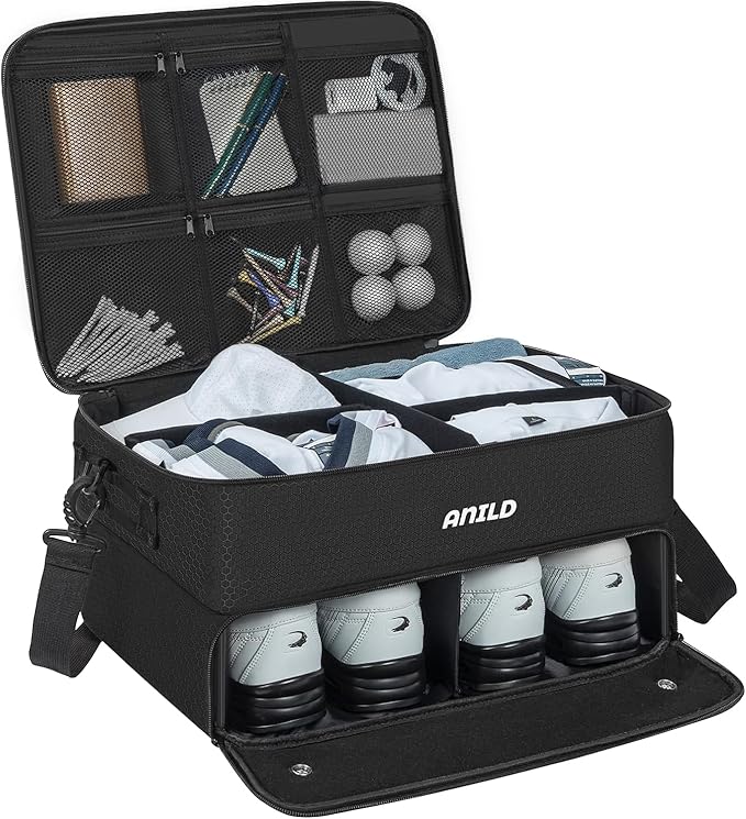 ANILD Golf Trunk Organizer, 2 Layer Golf Storage Case with Separate Ventilated Compartment for 2 Pair Shoes, for Balls, Tees, Clothes, Gloves, Accessories, Golfer Gifts