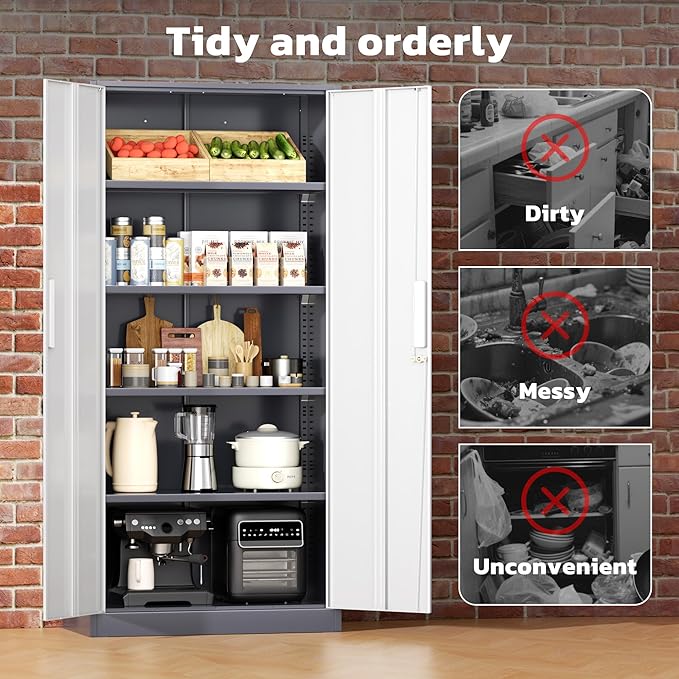 Metal Lockable Storage Cabinet, 72” Storage Cabinet with 2 Doors and 4 Adjustable Shelves for Office, Home, Garage, Pantry (Assembly Required, Grey White)