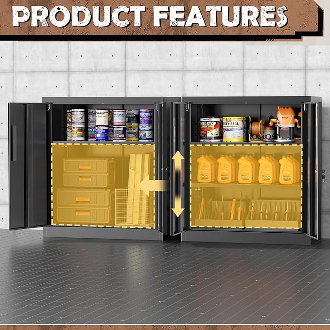 INTERGREAT Steel Storage Cabinet with Lock, Lockable Metal Storage Cabinets with 2 Adjustable Shelves, Black Counter Height Garage Cabinet